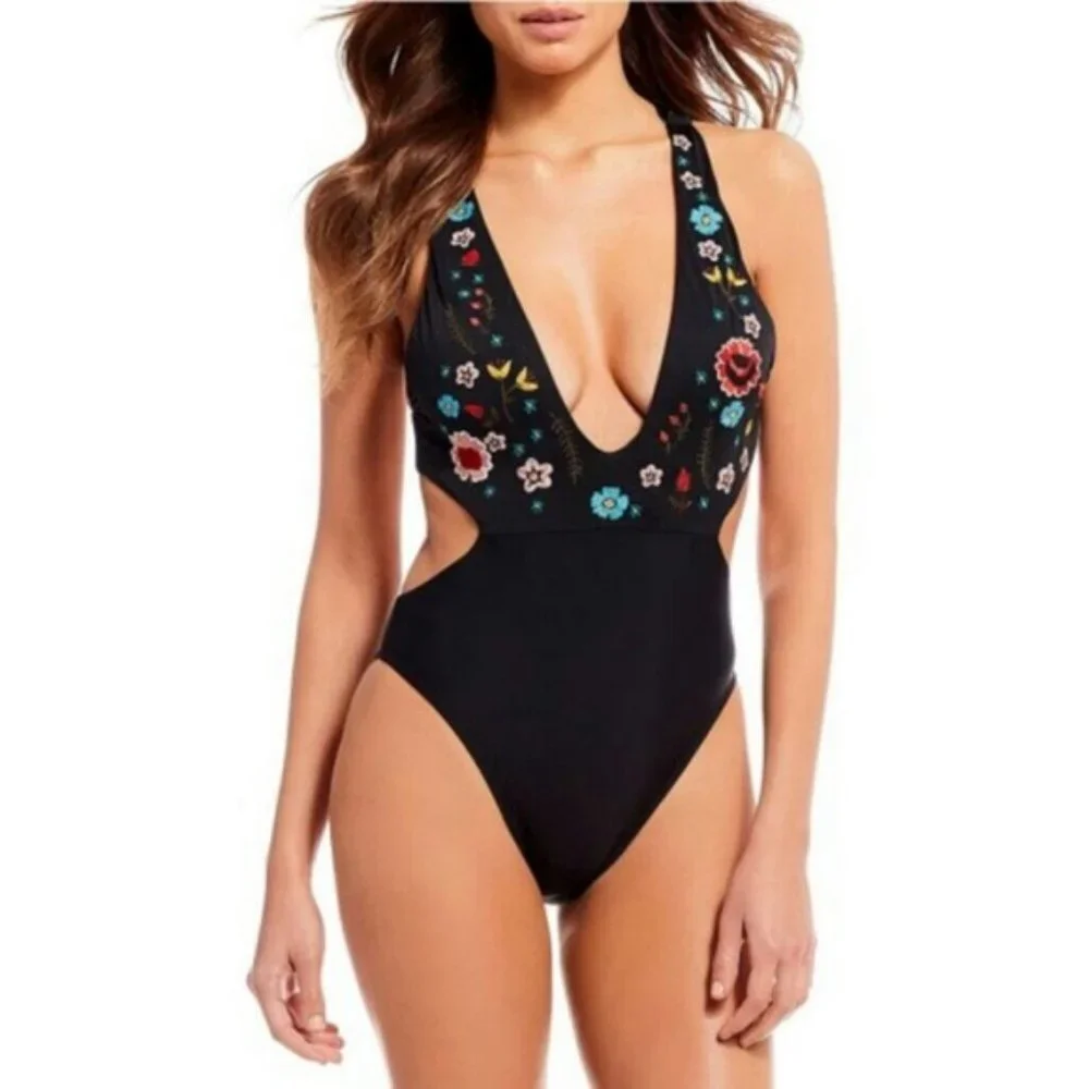 Floral Embroidered Black One Piece Plunge swimsuit SZ L NWT - Picture 1 of 8